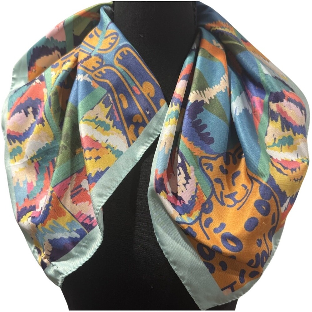 Multicolor Leopard Animal Print Satin Silk Square Scarf 35x35 in Rolled Edge